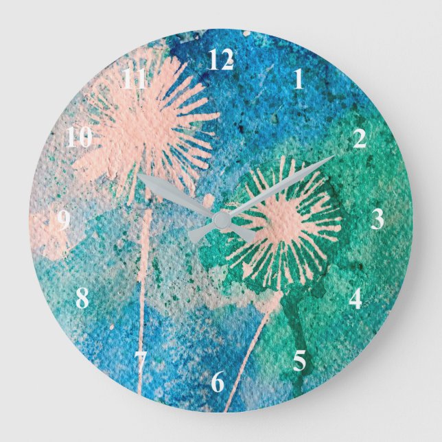 Dandelion watercolor abstract blue and green large clock (Front)