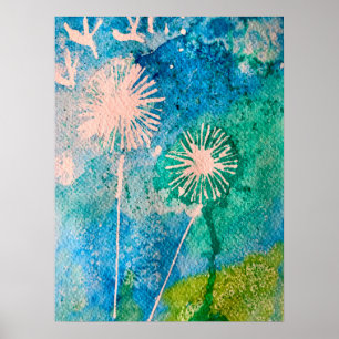 Dandelion watercolor abstract blue and green poster