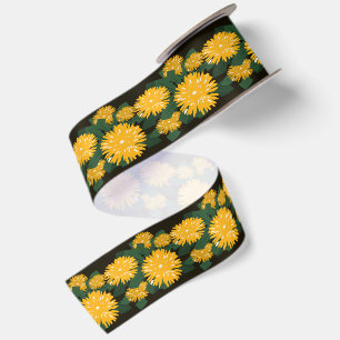 Dandelion Wildflower Bed Green Yellow Brown Satin  Ribbon
