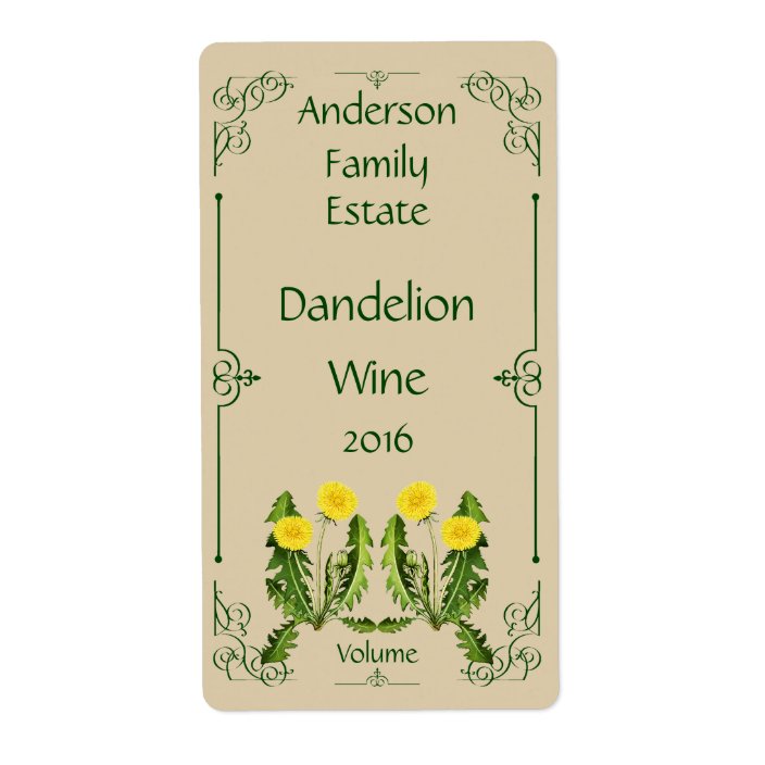 Dandelion Wine Bottle Label with Dark Green Frame