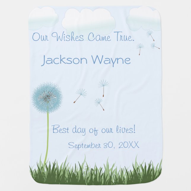 Dandelion Wishes Blue Two Sided Baby Blanket (Front)