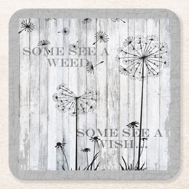 Dandelion Wishes Dreamy Gray Quote Square Paper Coaster (Front)