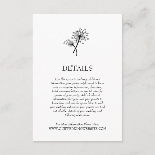 Dandelion Wishes Minimalist Elegant Wedding Detail Enclosure Card