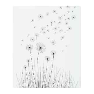 Dandelion Wishes, Minimalist Line Art. Metal Print