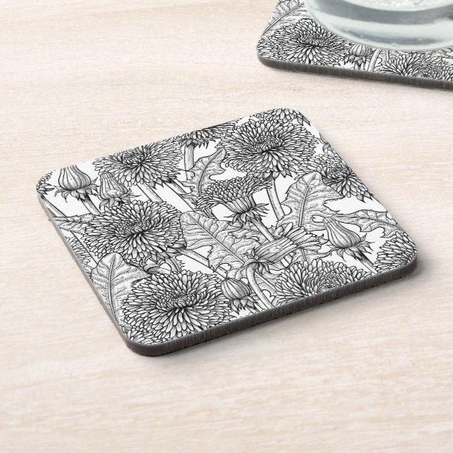 Dandelions, black and white beverage coaster (Left Side)