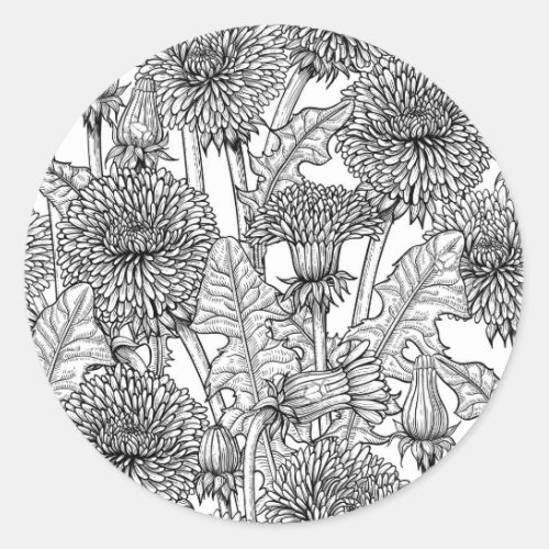 Dandelions black and white classic round sticker