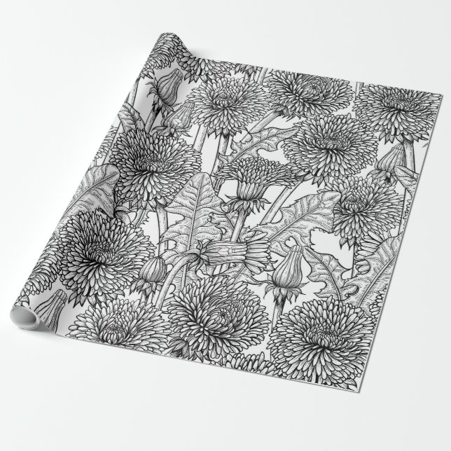 Dandelions, black and white wrapping paper (Unrolled)