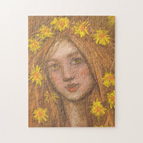Dandelions Bloom Blonde Girl and Flowers Painting Jigsaw Puzzle