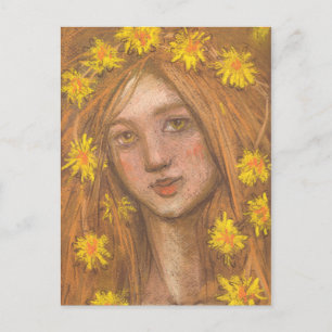 Dandelions Bloom, Blonde Girl and Flowers Painting Postcard