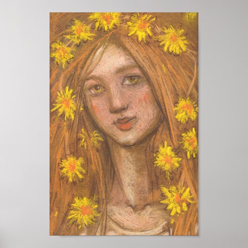 Dandelions Bloom Blonde Girl and Flowers Painting Poster