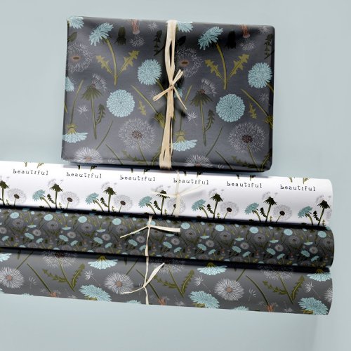 Dandelions Blue Gray Floral Botanical Patterns Wrapping Paper Sheets