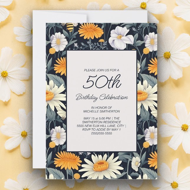 Dandelions Daisies Navy Blue Adult 50th Birthday Invitation (Yellow dandelions and white daisies on navy blue 50th birthday party invitation)