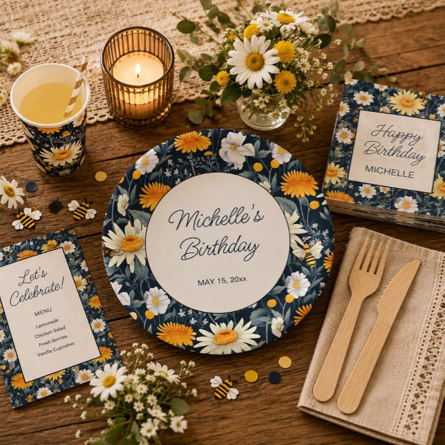 Dandelions Daisies Navy Blue Birthday Name Date Paper Plates (Daisies and dandelions birthday party paper plate for girls and women)