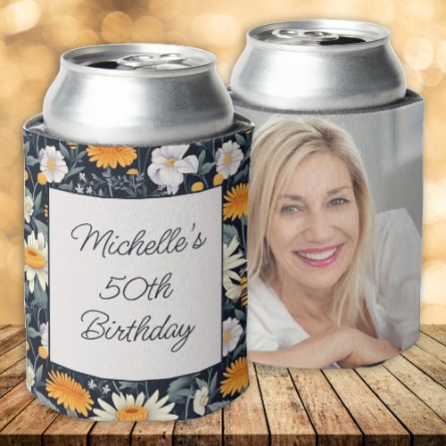 Dandelions Daisies Navy Blue Birthday Name Photo  Can Cooler