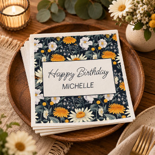 Dandelions Daisies Navy Blue Happy Birthday Name Napkins