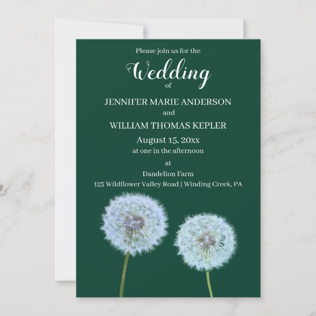 Dandelions Dandelion Clocks Dark Green Wedding Invitation (Front)