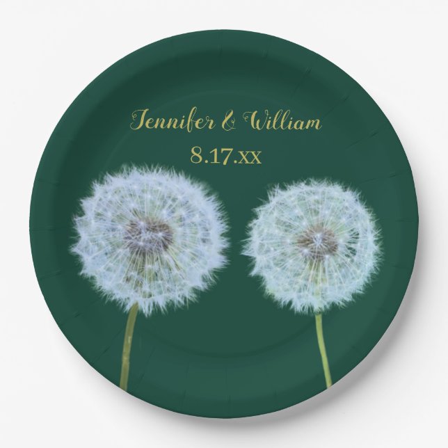 Dandelions, Dandelion Clocks Green Personalized Paper Plates (Front)
