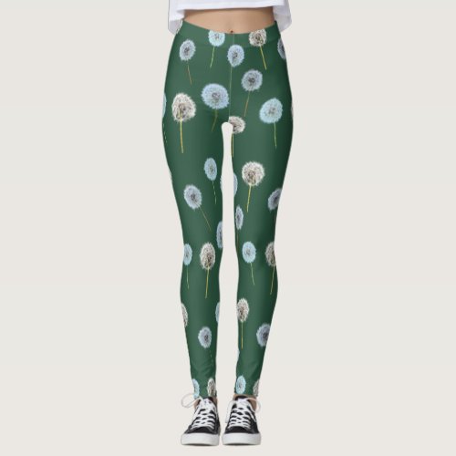 Dandelions Dandelion Clocks White Green Patterned Leggings