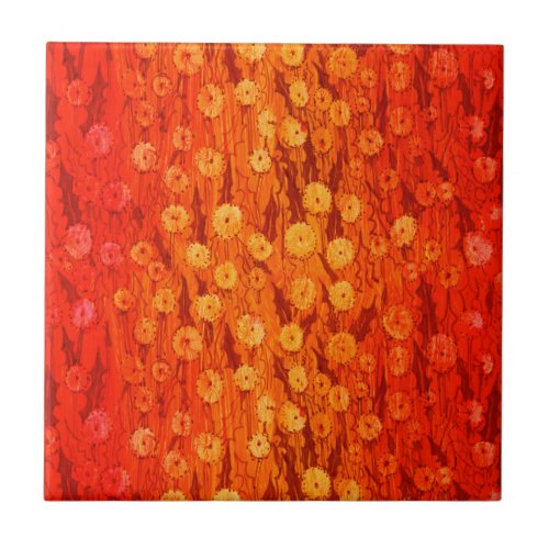 Dandelions Field Summer Flowers Red Orange Ombre Ceramic Tile