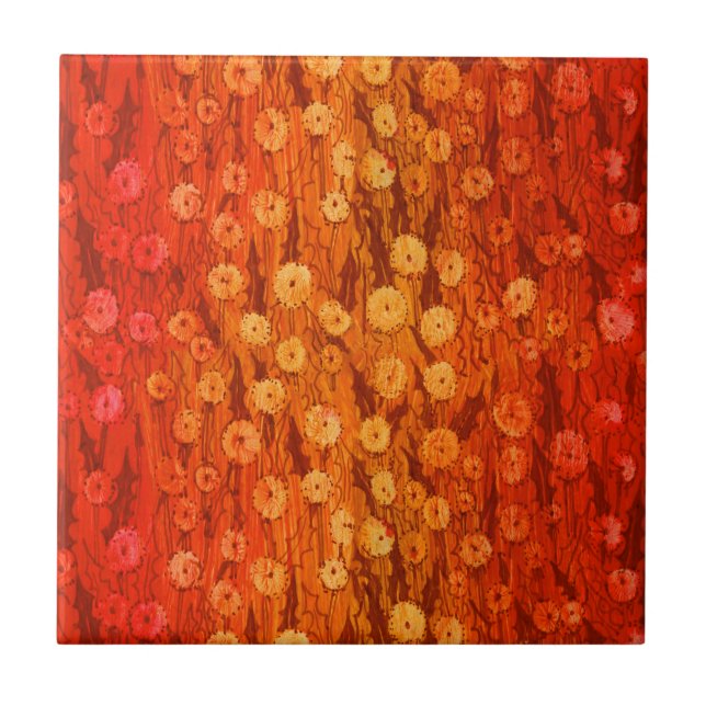 Dandelions Field Summer Flowers Red Orange Ombre Ceramic Tile (Front)