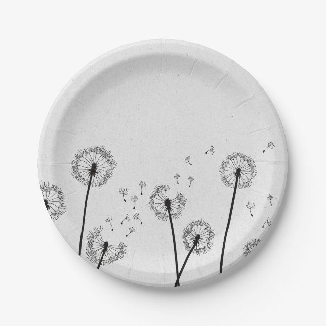 Dandelions Flowers Pappus Spores Grey Paper Plates (Front)
