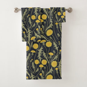 Dandelions, green, yellow and black bath towel set