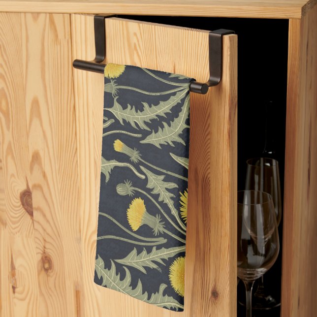 Dandelions, green, yellow and black kitchen towel (Thirds Fold)