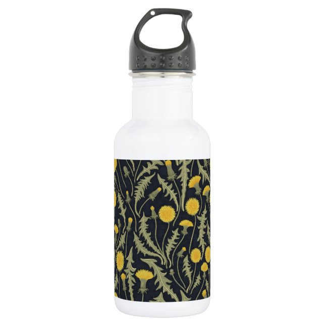 Dandelions, green, yellow and black stainless steel water bottle (Front)