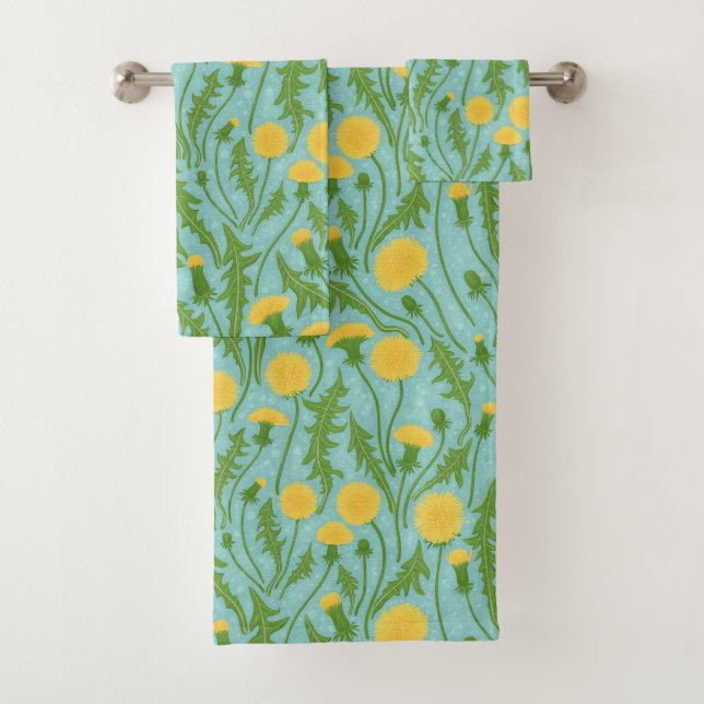 Dandelions, green, yellow and blue bath towel set (Insitu)