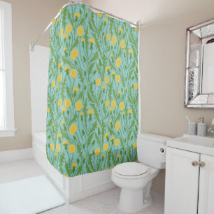 Dandelions, green, yellow and blue shower curtain