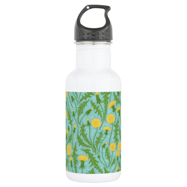 Dandelions, green, yellow and blue stainless steel water bottle (Front)