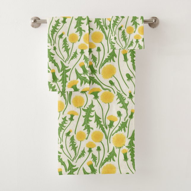 Dandelions, green, yellow and white bath towel set (Insitu)