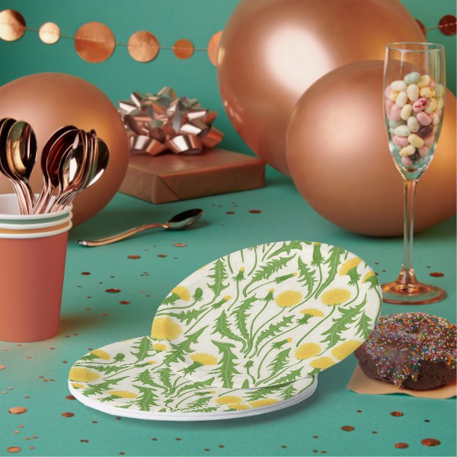 Dandelions, green, yellow and white paper plates (Multi)