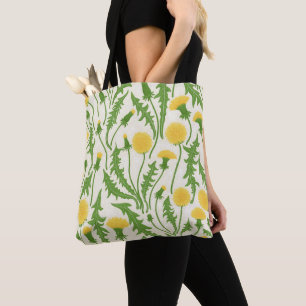 Dandelions, green, yellow and white tote bag