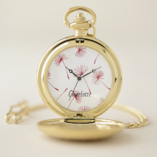 Dandelions in fuschia pocket watch. Customizable. Watch