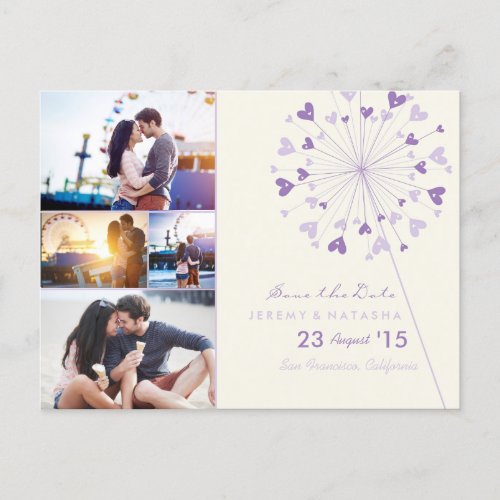Dandelions Love Hearts 4 Multi Photo Save The Date Announcement Postcard