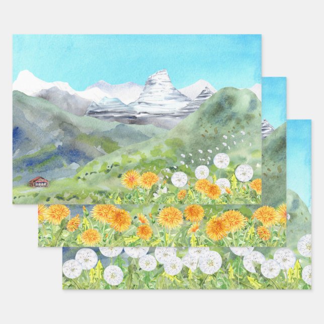 Dandelions Mountain Scenery  Wrapping Paper Sheets (Set)
