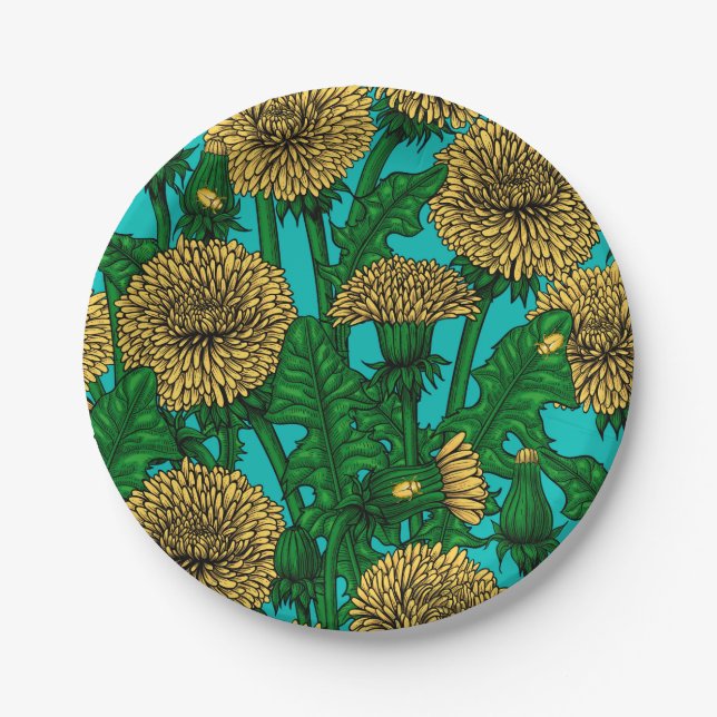 Dandelions on turquoise paper plates (Front)