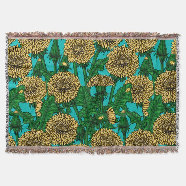 Dandelions on turquoise throw blanket (Front)