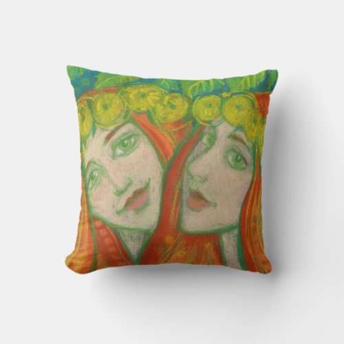 Dandelions pastel painting summer redhaired girl Throw Pillow