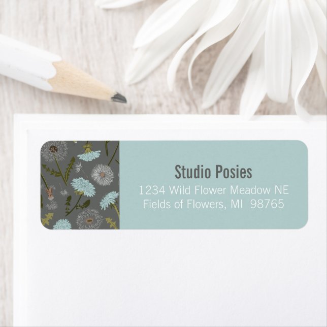 Dandelions Whimsical Blue Gray Flowers Label (Insitu)