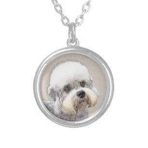 Dandie Dinmont Terrier Painting Original Dog Art Silver Plated Necklace