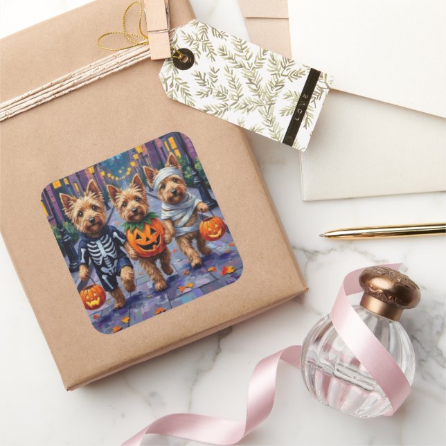 Dandie Dinmont Terrier Trick-or-Treating Halloween Square Sticker (Gifting)
