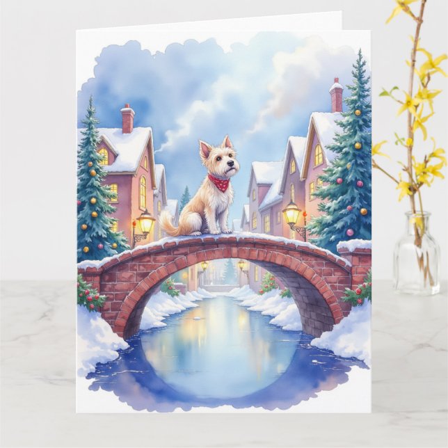 Dandie Dinmont Terrier Village Bridge Christmas Card (Yellow Flower)