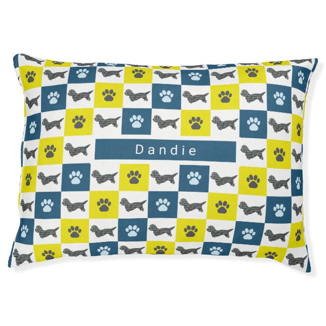 Dandie Terrier Dog & Paw Yellow& Blue Grid Pet Bed (Front)