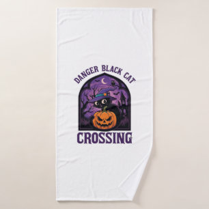 Danger Black Cat Crossing Halloween Pumpkin Witch Bath Towel
