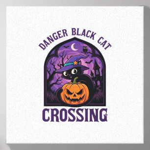 Danger Black Cat Crossing Halloween Pumpkin Witch Canvas Photo Tile
