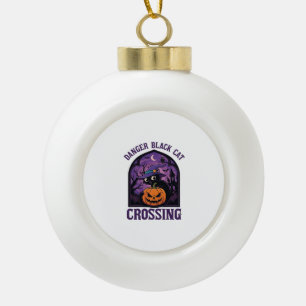 Danger Black Cat Crossing Halloween Pumpkin Witch Ceramic Ball Christmas Ornament