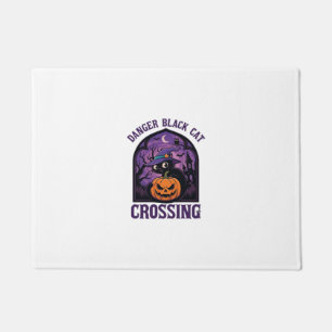 Danger Black Cat Crossing Halloween Pumpkin Witch Doormat