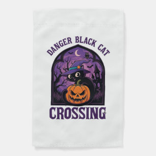 Danger Black Cat Crossing Halloween Pumpkin Witch Garden Flag